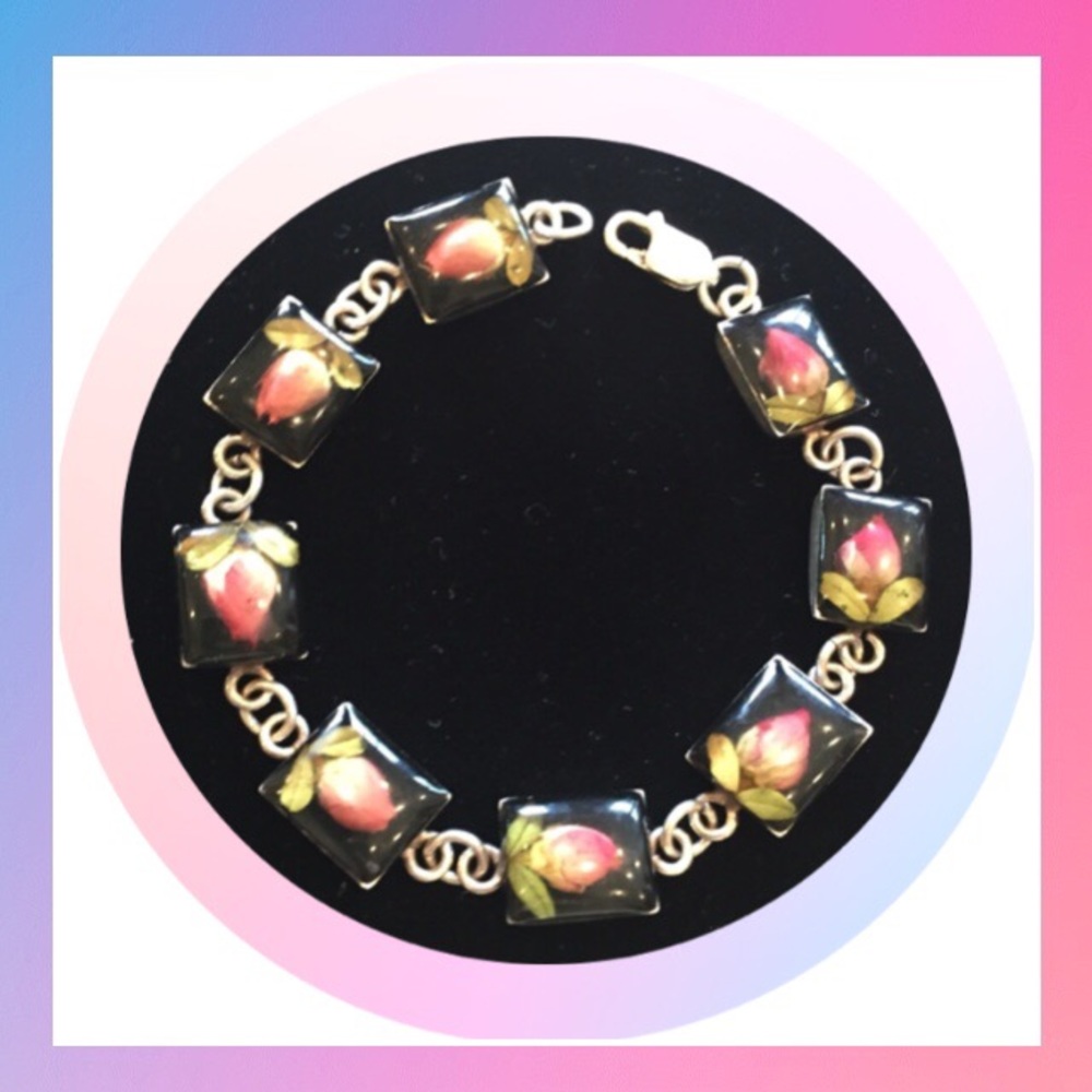 Vintage enameled and Sterling rose bud bracelet